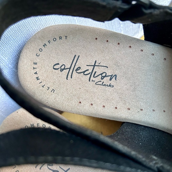 Clarks Annadel Ivory Cork Wedge 3" Platform Heel Black Leather Sandals - Picture 4 of 8